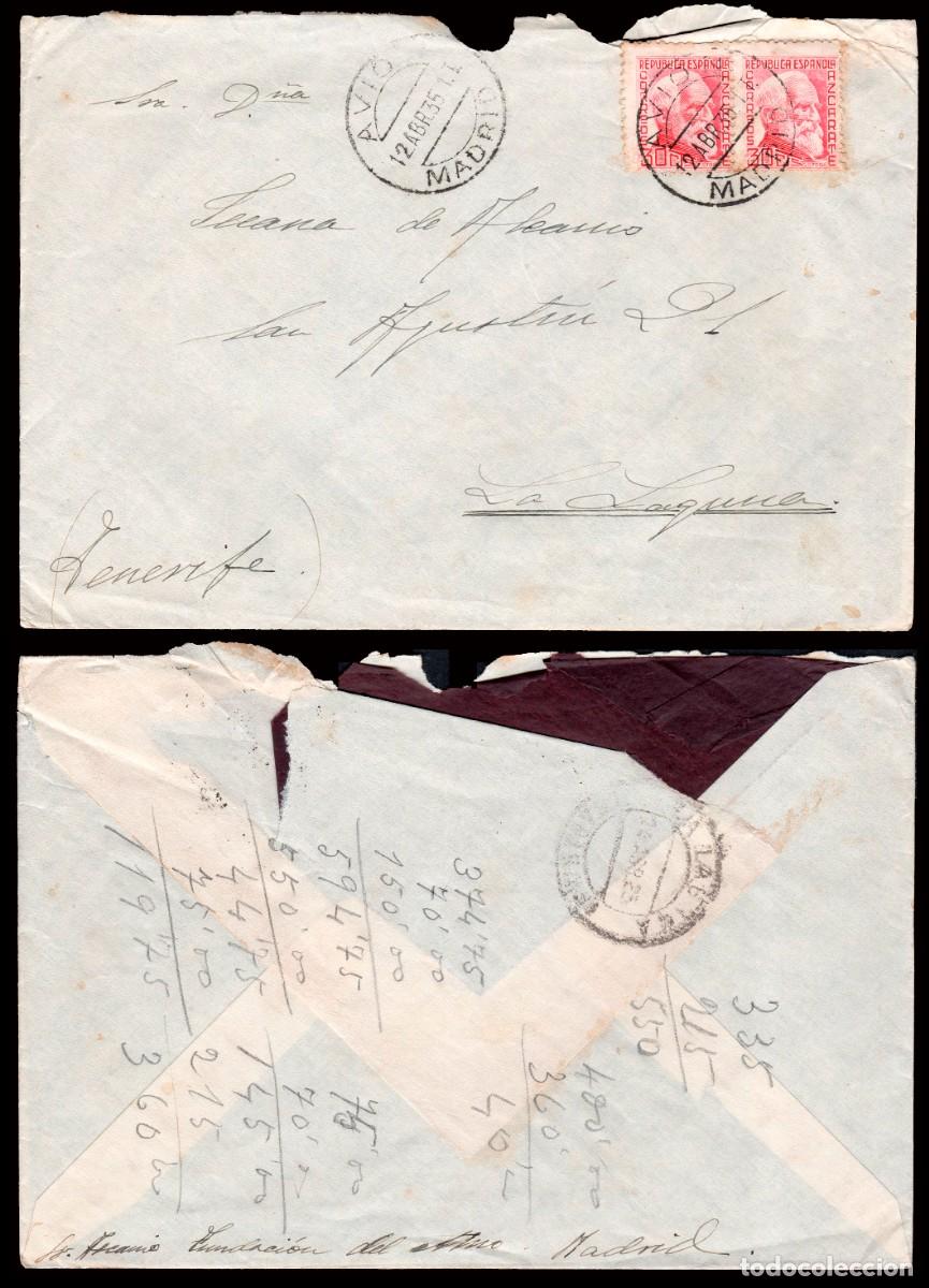 Sellos: Espa&ntilde;a - Edi o 686 PAreja - Sobre Mat &rdquo;Avi&oacute;n 12/Abr./35&rdquo; a La Laguna (hay llegada)