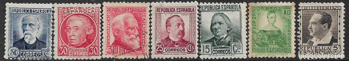 Sellos: Rep&uacute;blica Espa&ntilde;ola 1933 / 5 Personajes, EDIFIL n&ordm; 681 a 688 * *, 686 (o)
