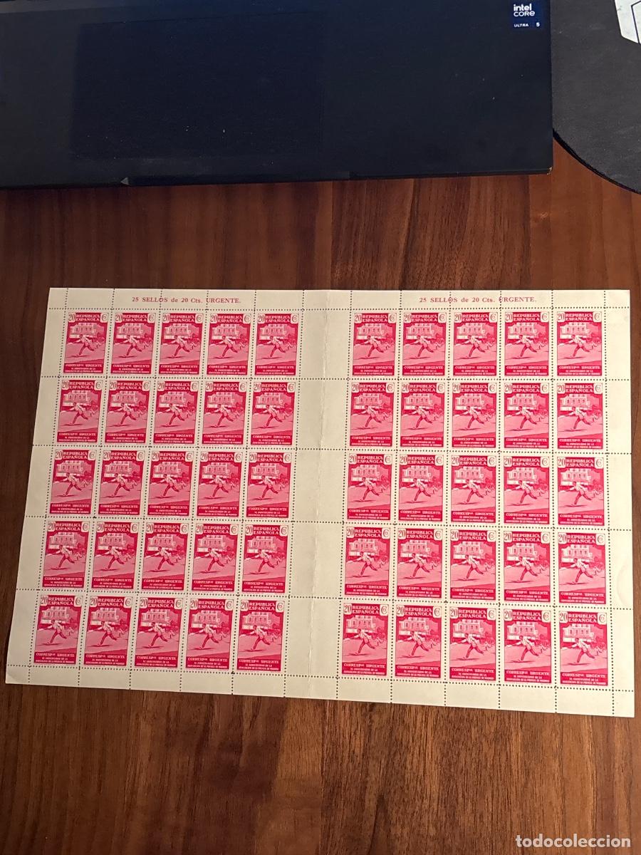 Sellos: Pliego completo 50 sellos Rep&uacute;blica Espa&ntilde;ola Correo Urgente 20 Cts. Original