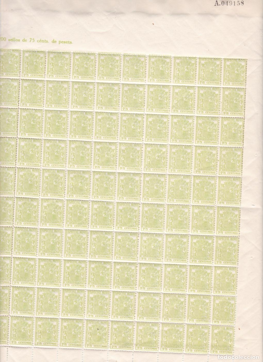 Sellos: GP31- FISCALES POSTALES .Especial M&oacute;vil 75 Cts . Hoja 200 Sellos ** Sin Fijasellos