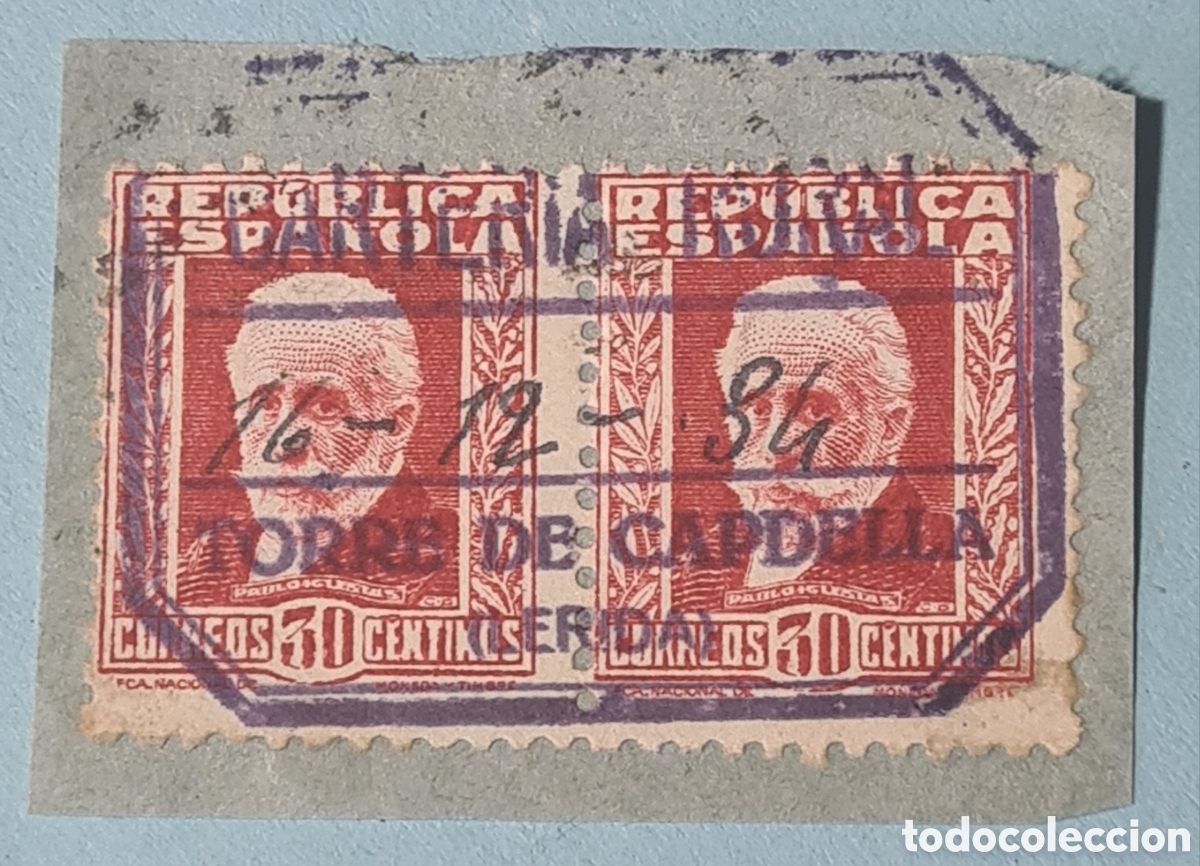 Sellos: CARTERIA ESPECIAL - TORRE DE CAPDELLA (LERIDA) - COMPLETA SOBRE FRAGMENTO REPUBLICA EDIFIL 659 (2)