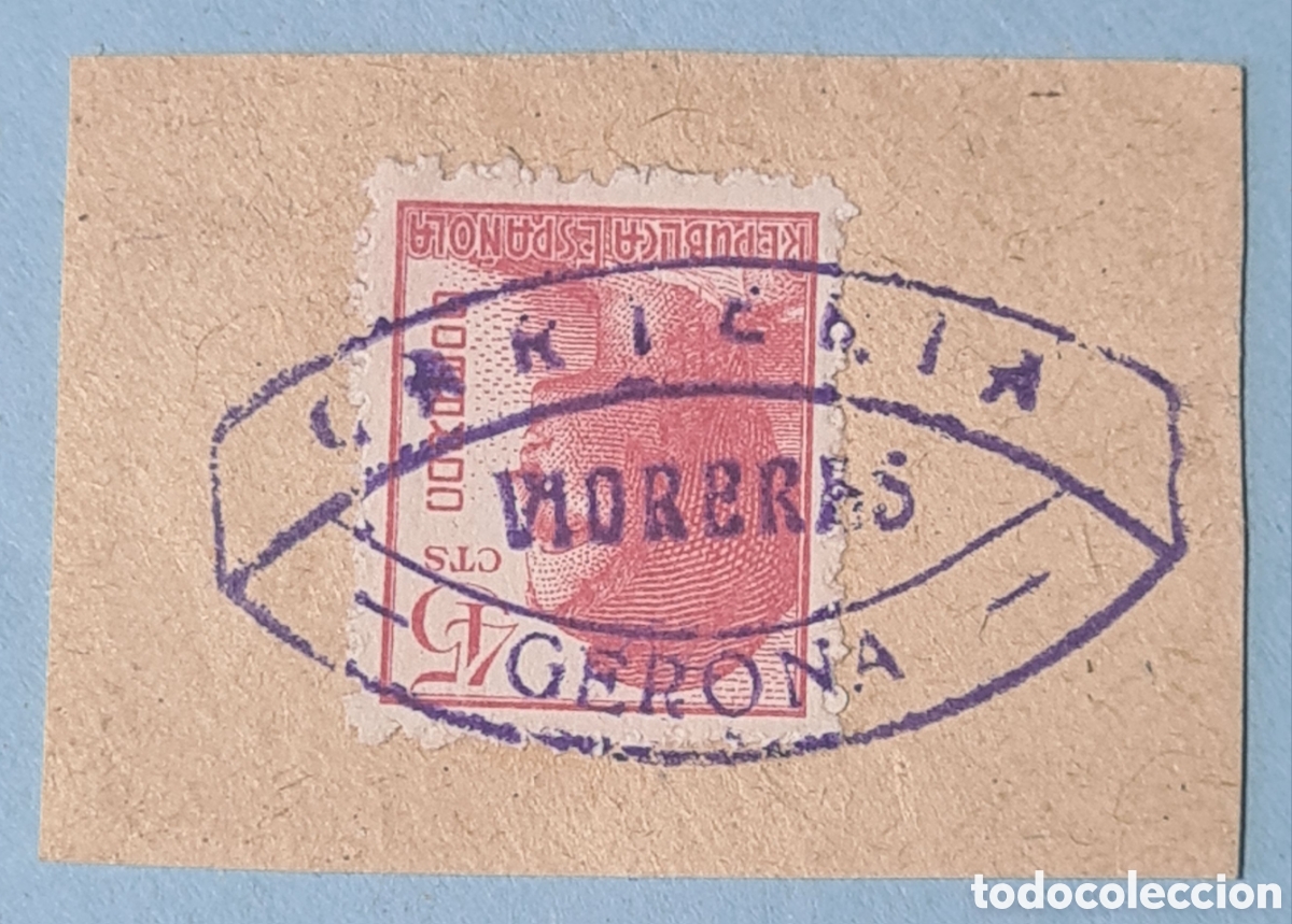 Sellos: CARTERIA ESPECIAL - VIDRERAS (GERONA) - RARA MARCA COMPLETA SOBRE FRAGMENTO - REPUBLICA EDIFIL 752