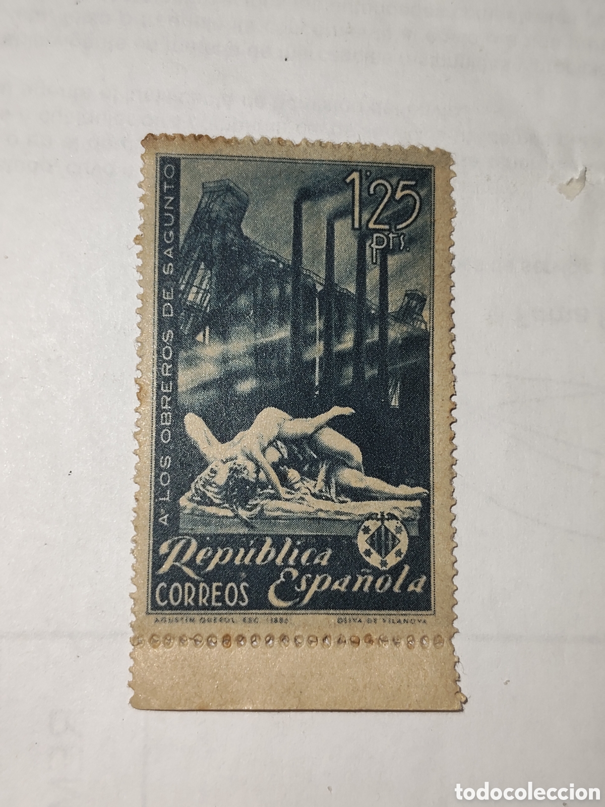 Sellos: Sello de la Republica Espa&ntilde;ola homenaje a los obreros de Sagunto 1937 sin matasello