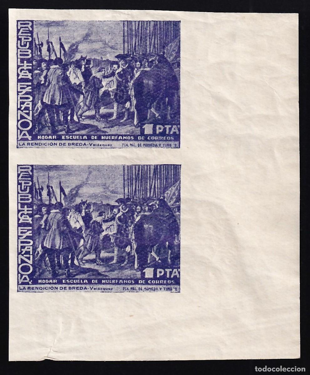 Sellos: Beneficencia, 1938 EDIFIL N&ordm; 33 /**/, 1 pts ultramar, [Pareja SIN DENTAR]