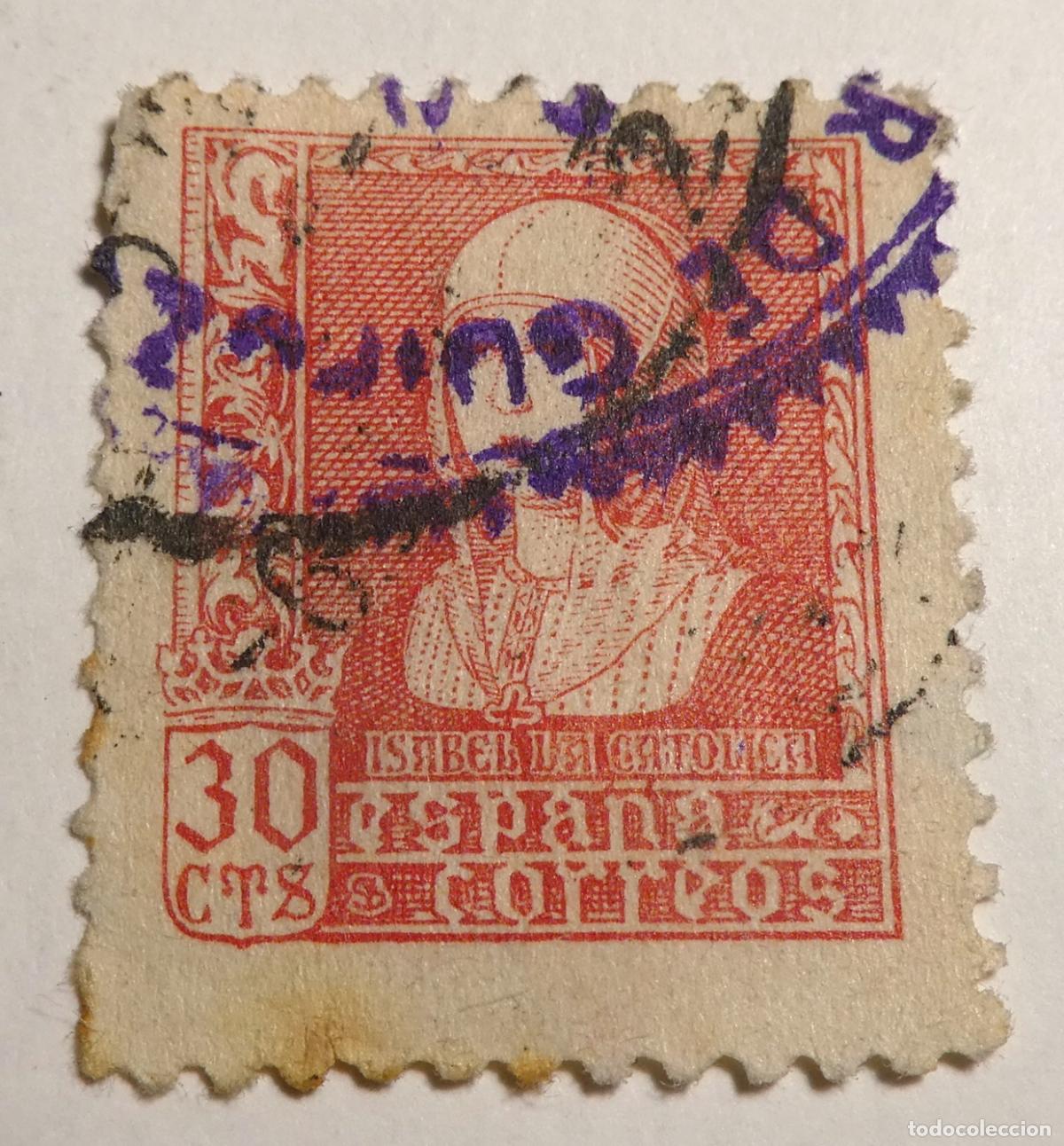 Sellos: Sello postal de Espa&ntilde;a 30 c&eacute;ntimos (1937-1938) ,Isabel la Cat&oacute;lica