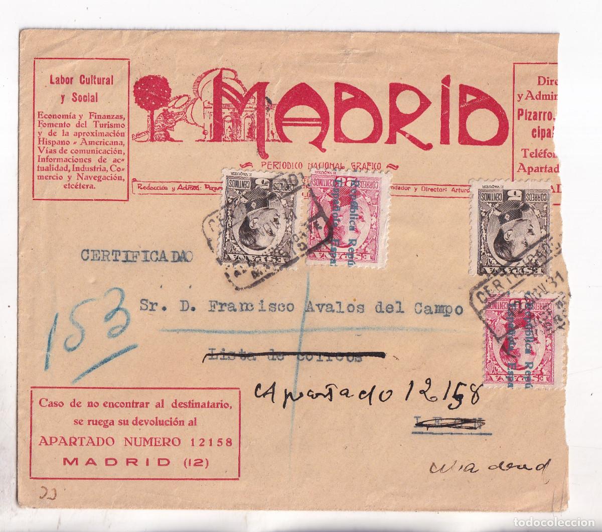 Sellos: SOBRE. MADRID. ALCANCE NORTE. 1931. A LE&Oacute;N. CERTIFICADO