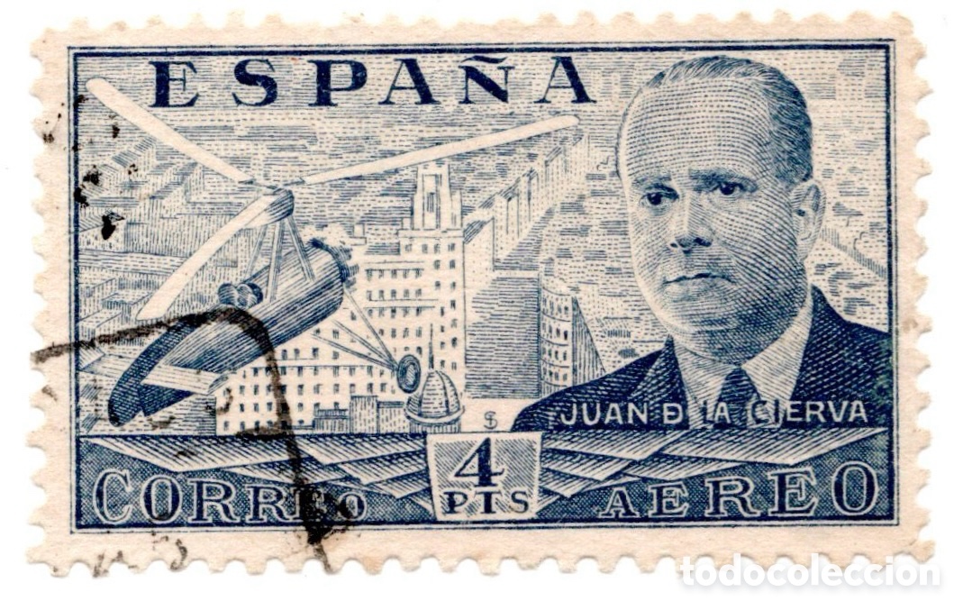Sellos: Espa&ntilde;a 1939 Juan de la Cierva 4 pesetas Edifil 886 usado dentado 10 3/4