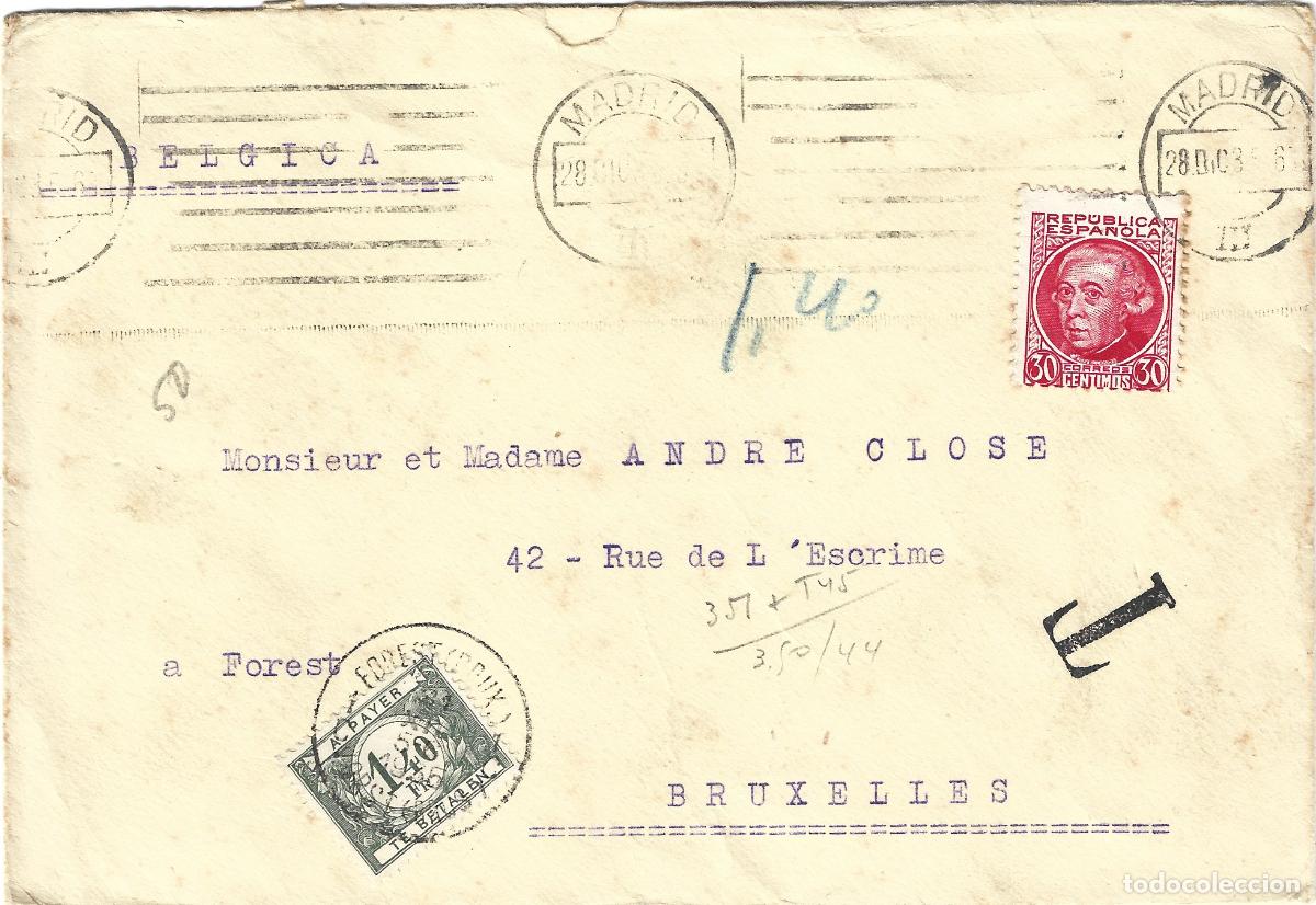 Sellos: 1935 carta sobre rep&uacute;blica Madrid a Bruselas. Sello de tasa belga por Franqueo Insuficiente