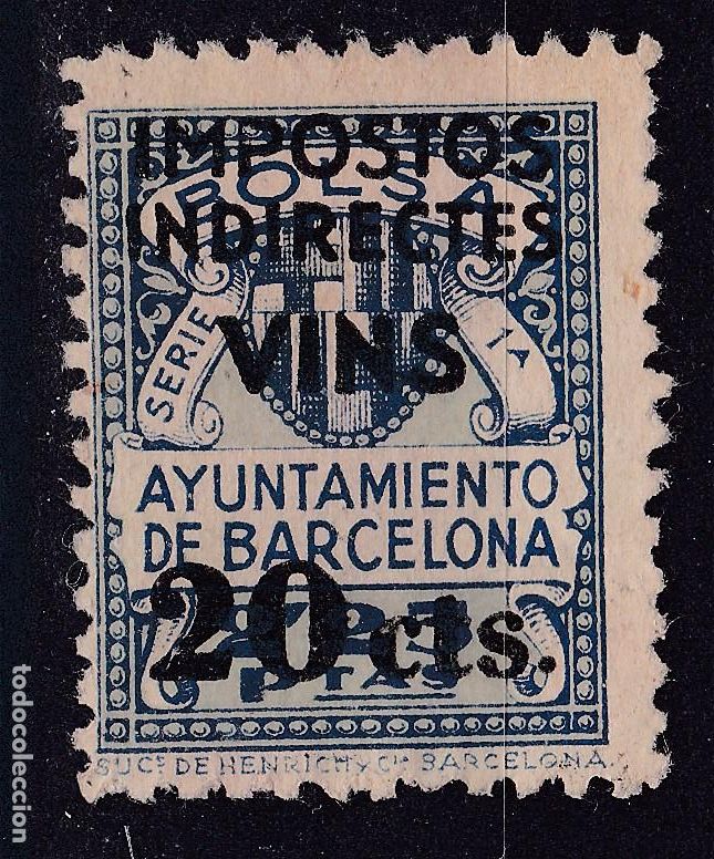Sellos: AA3-Fiscales Ayt&ordm; BARCELONA Impostos Indirectes VINS 20 Cts AZUL (*) Sin Goma