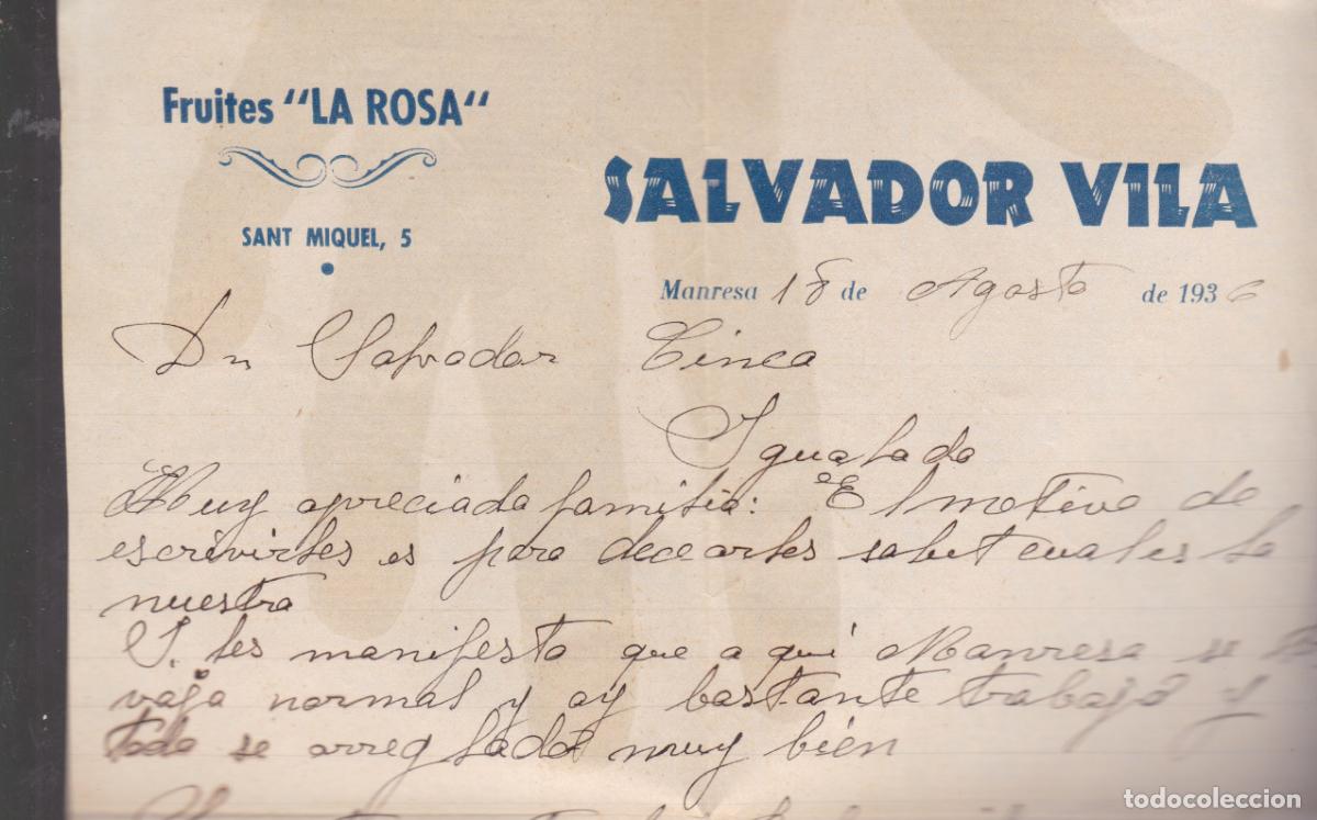 Sellos: F6-68-Carta Fruites La Rosa MANRESA - IGUALADA . 1936. Con Texto