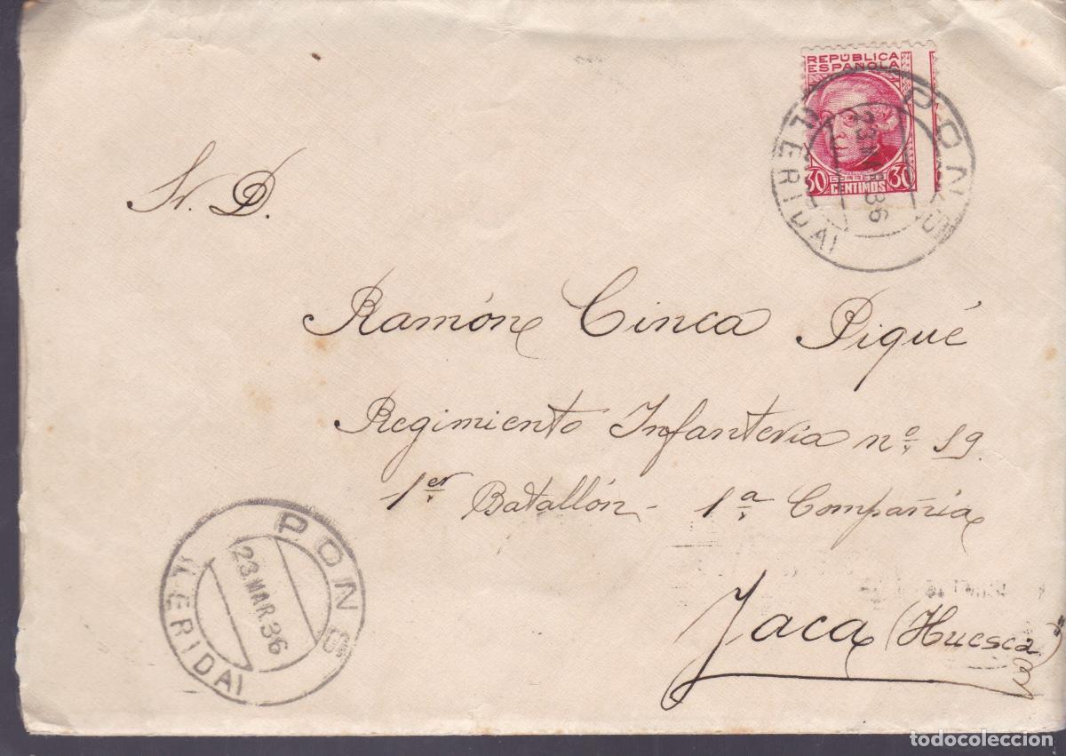 Sellos: F6-73-Carta PONS L&eacute;rida a JACA Regt&ordm; Infanteria 19. 1936. . Con Texto.