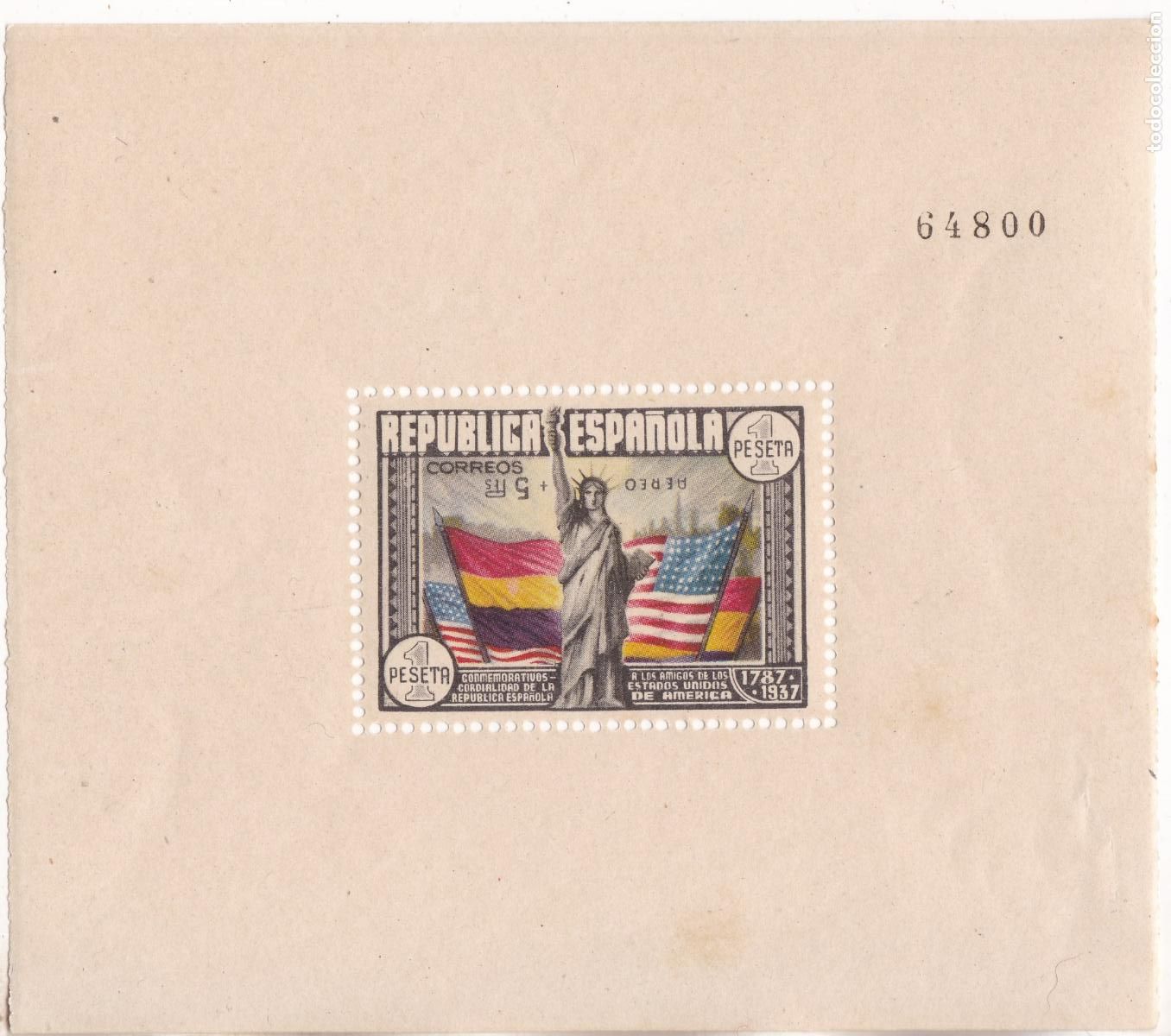 Sellos: SS27 - Hoja Bloque EE.UU A&eacute;reo +5 . Edifil 766 ** Sin Fijasellos :Sobrecarga Invertida (FALSA )