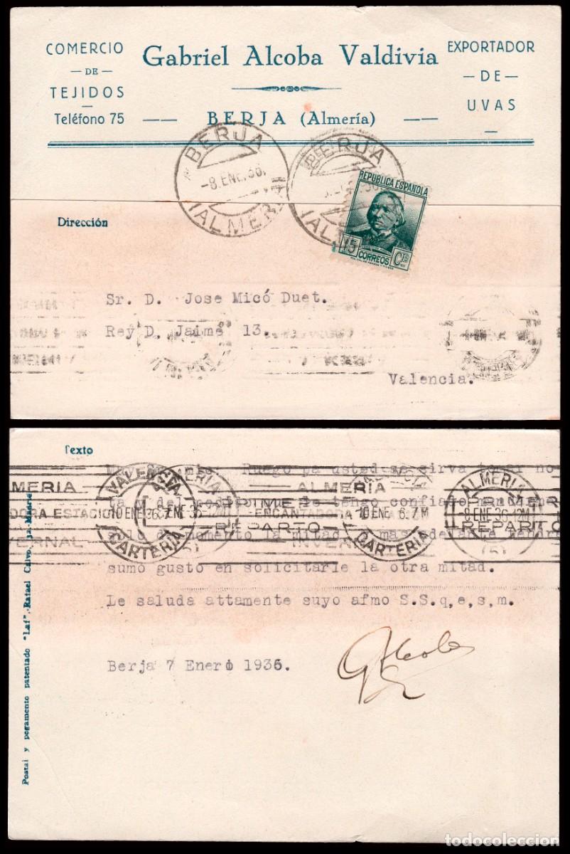 Sellos: Almer&iacute;a - Edi o TP 683 - Postal membrete &rdquo; Gabriel Alcoba - Berja&rdquo; - Mat &rdquo;Berja 8/En./36&rdquo;