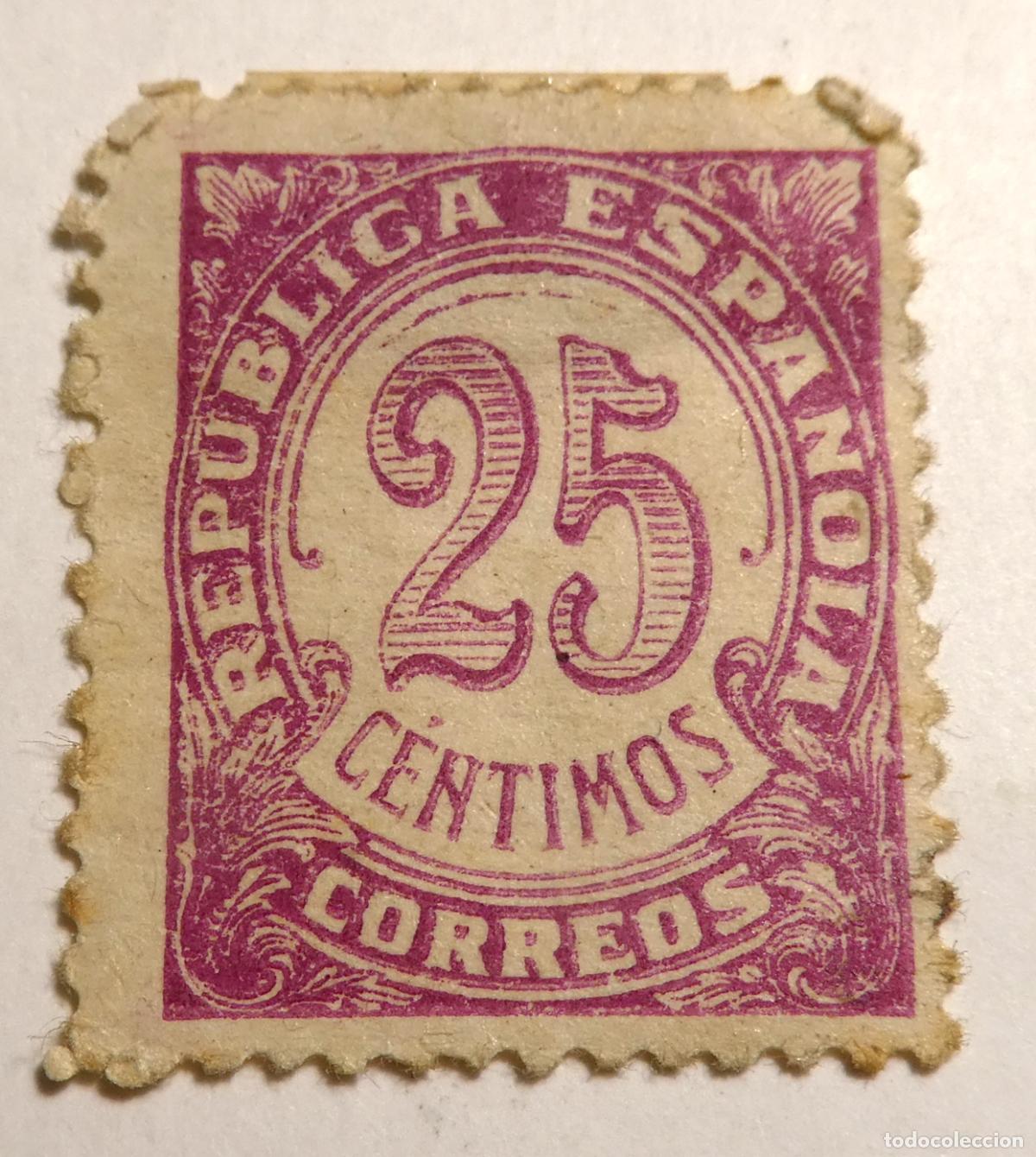 Sellos: Sello postal de Espa&ntilde;a Rep&uacute;blica Espa&ntilde;ola. 25 C&eacute;ntimos 1938. Serie Cifras