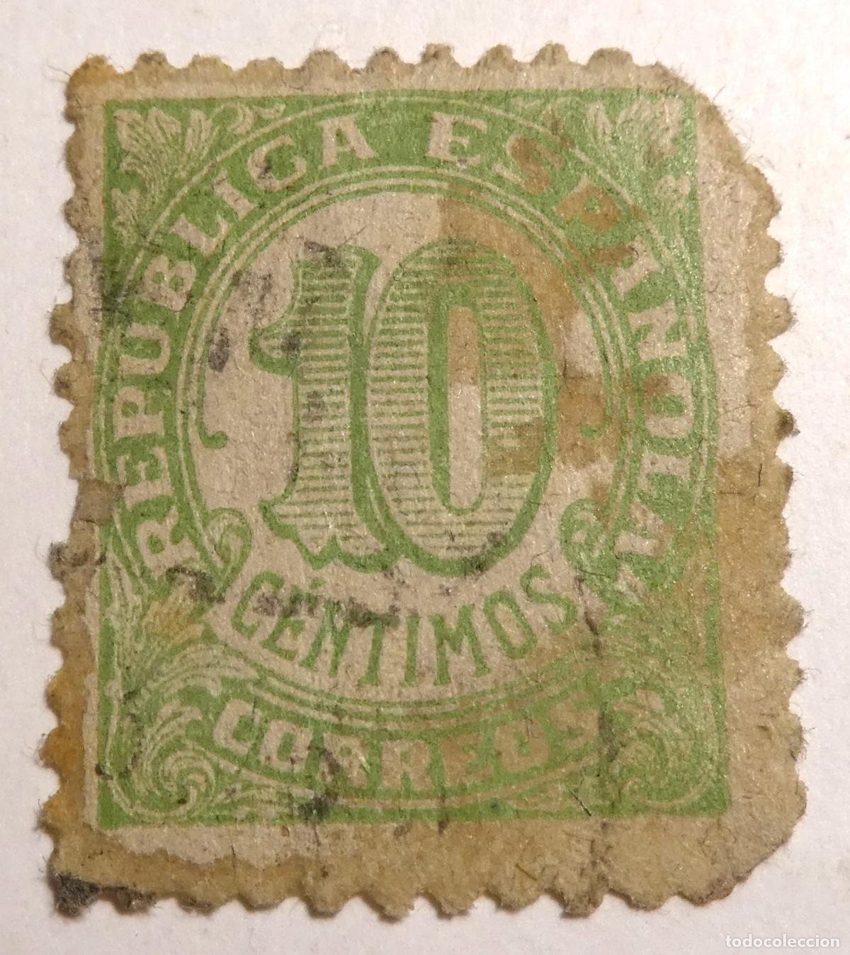 Sellos: Sello postal de Espa&ntilde;a Rep&uacute;blica Espa&ntilde;ola. 10 C&eacute;ntimos 1938. Serie Cifras