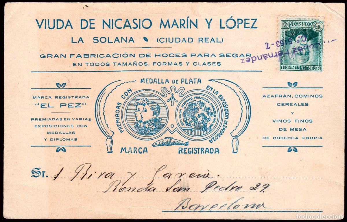 Sellos: Ciudad Real - Edi o TP 665 - Postal publicitar&iacute;a &rdquo;Viuda Nicasio ...- La Solana&rdquo; + marca
