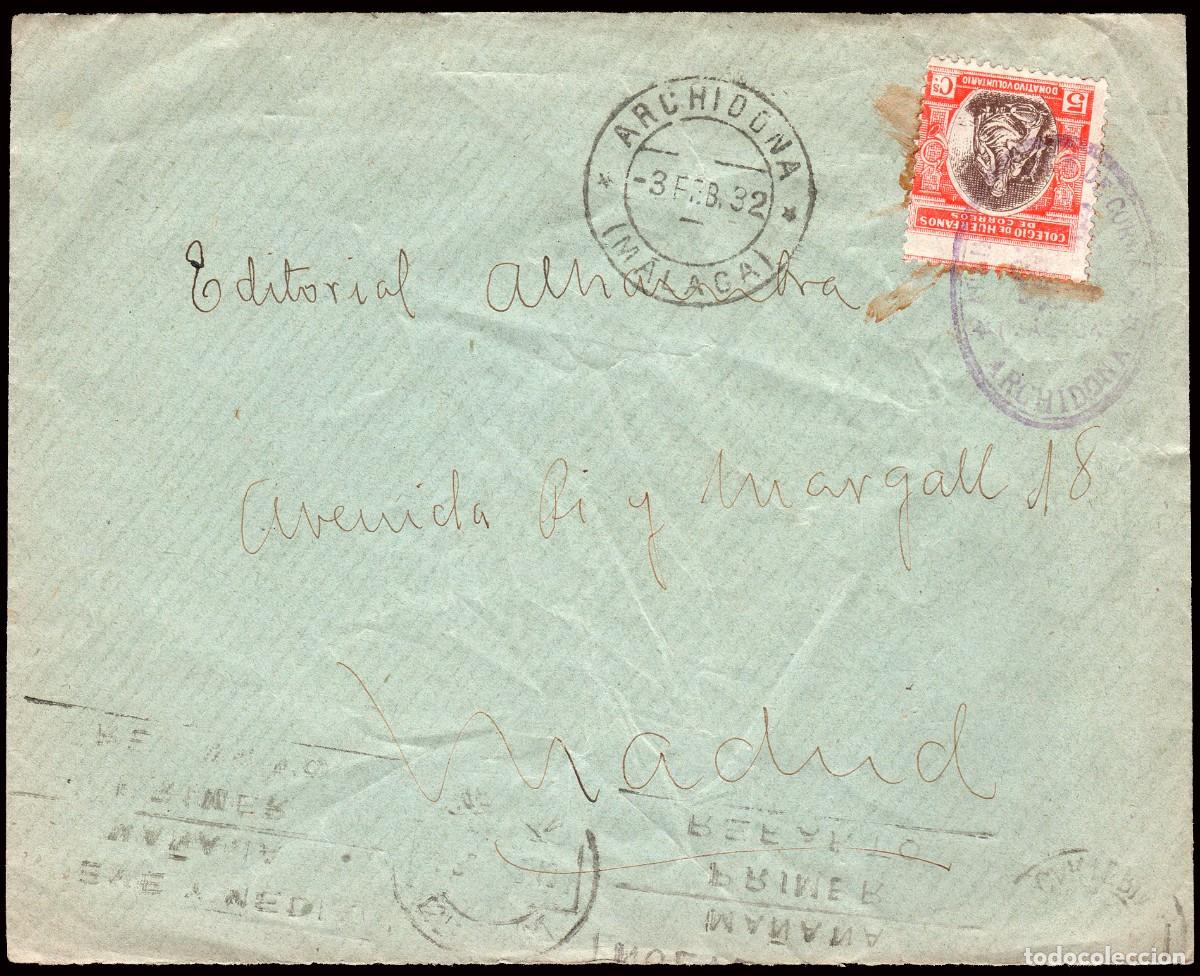 Sellos: M&aacute;laga - Colegio Hu&eacute;rfanos Correos 5 cts. - Sobre Mat &rdquo;archidona 03/02/32&rdquo; + franquicia