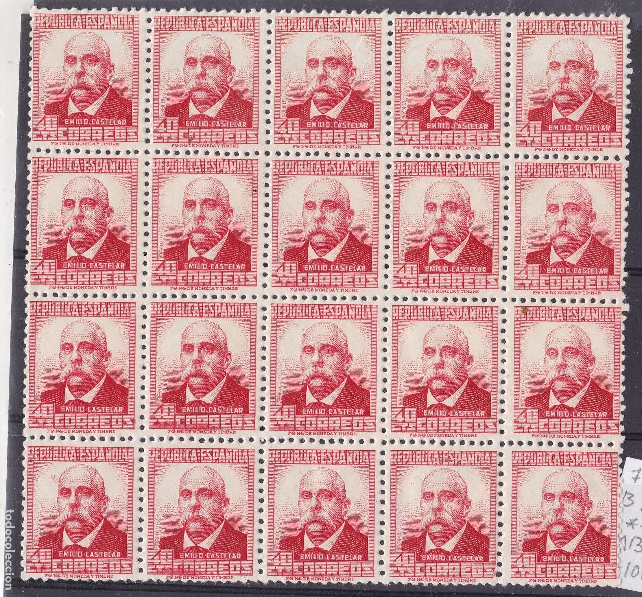 Sellos: AA20- Rep&uacute;blica Castelar Edifil 736 Bloque 20 ** Sin Fijasellos . Perfecto Variedad Rojo Salmon