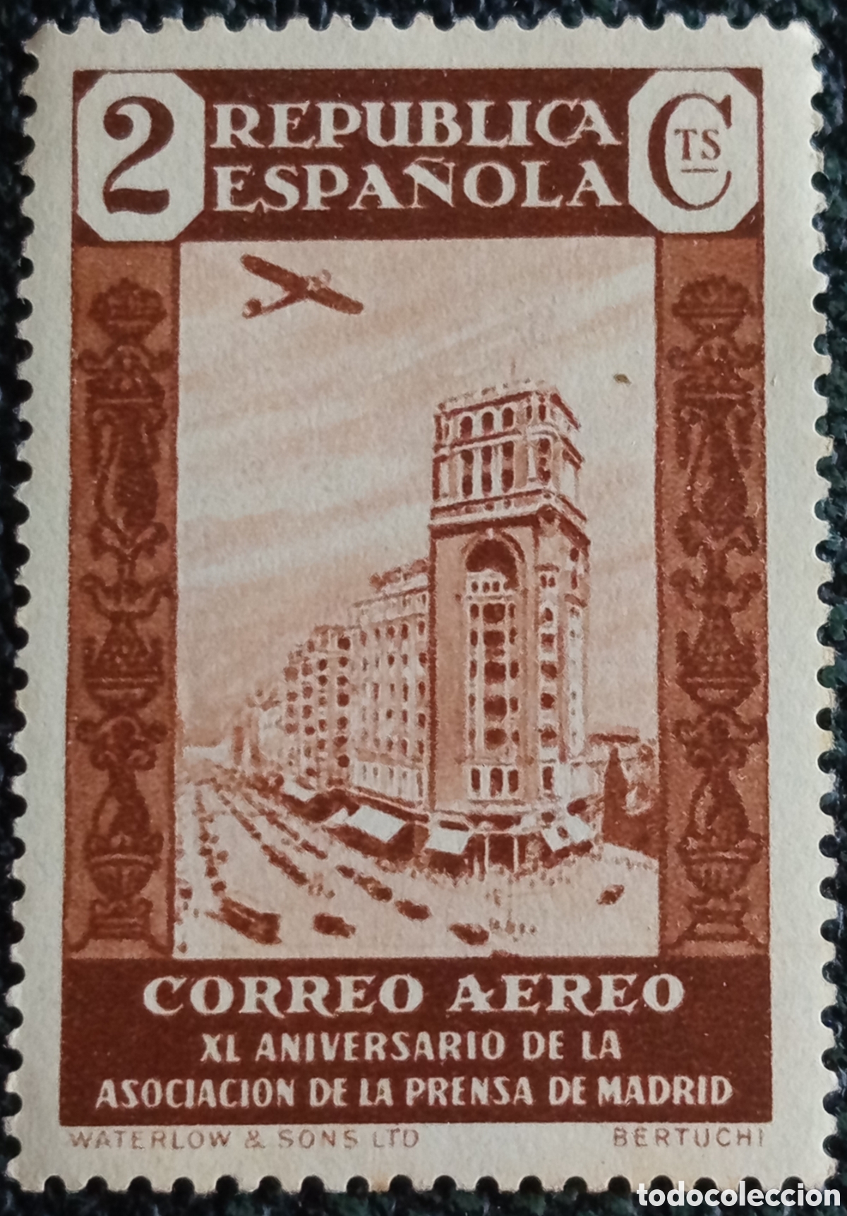 Sellos: Espa&ntilde;a 1936 II Rep&uacute;blica Sello Correo A&eacute;reo 2c Casta&ntilde;o Asociaci&oacute;n Prensa Edifil 712 MNH