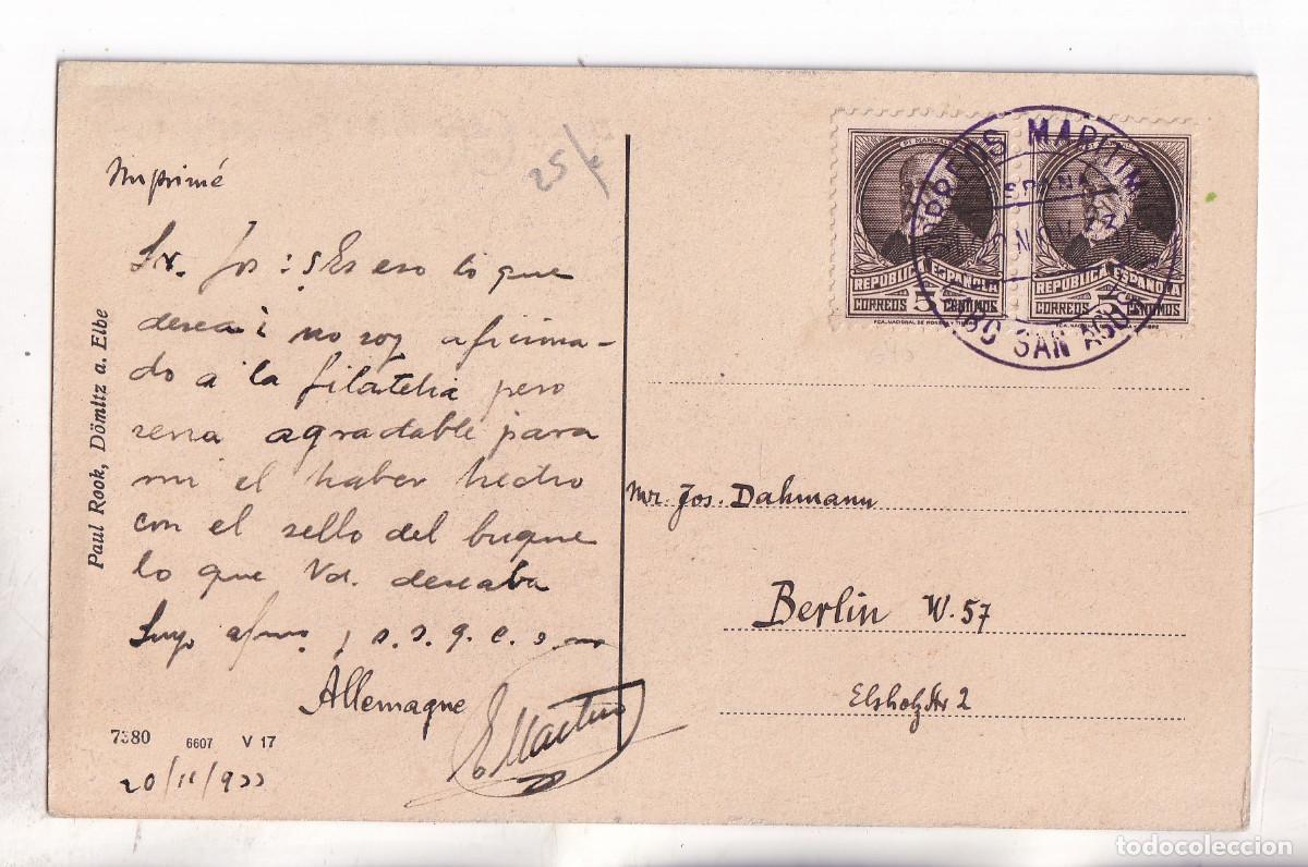 Sellos: POSTAL. RARO MATASELLOS CORREOS MAR&Iacute;TIMOS CABO SAN AGUST&Iacute;N. 1933. A BERL&Iacute;N