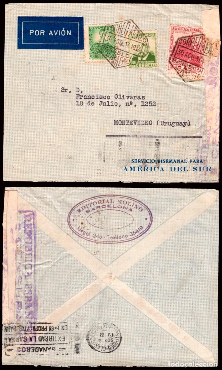 Sellos: Espa&ntilde;a - Edi o 682+672+674 - Sobre Mat &rdquo;Correo a&eacute;reo 30/Ag./37 - Barcelona - Cambio&rdquo;