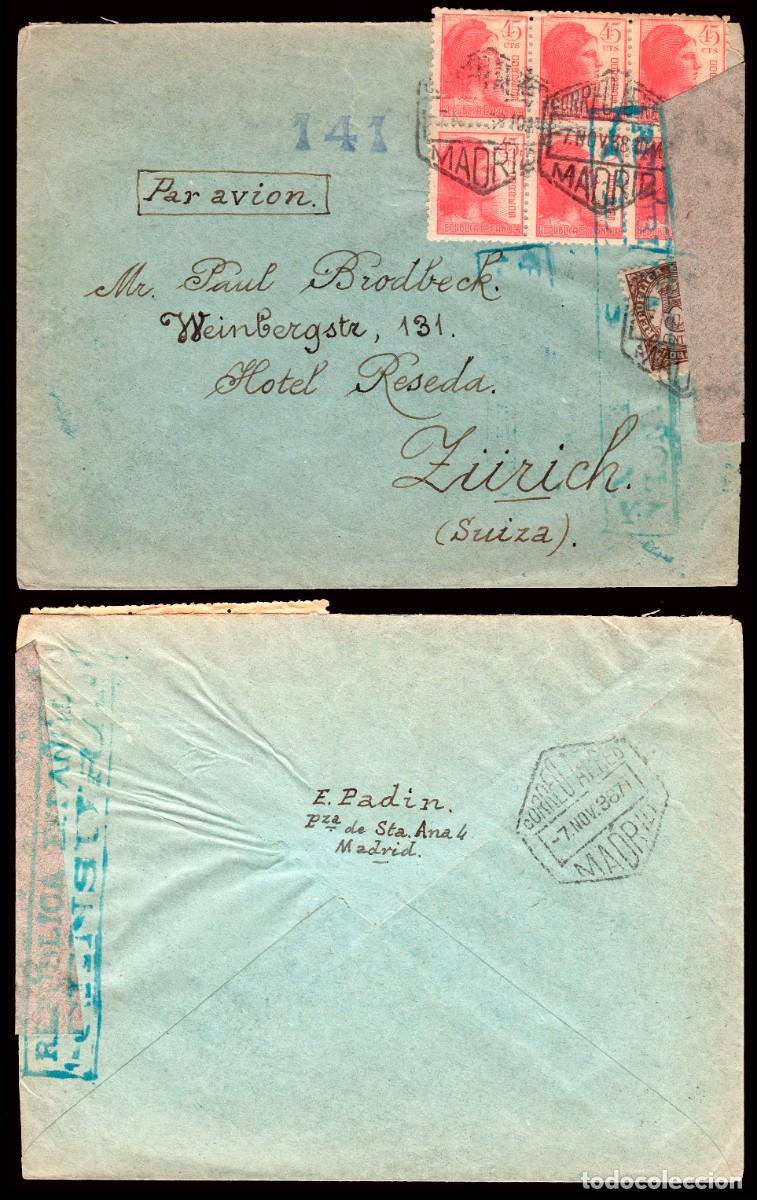 Sellos: Espa&ntilde;a - Edi o 745+752(6) - Sobre Mat &rdquo;Correo a&eacute;reo 7/Nov./38 - Madrid&rdquo; a Suiza +