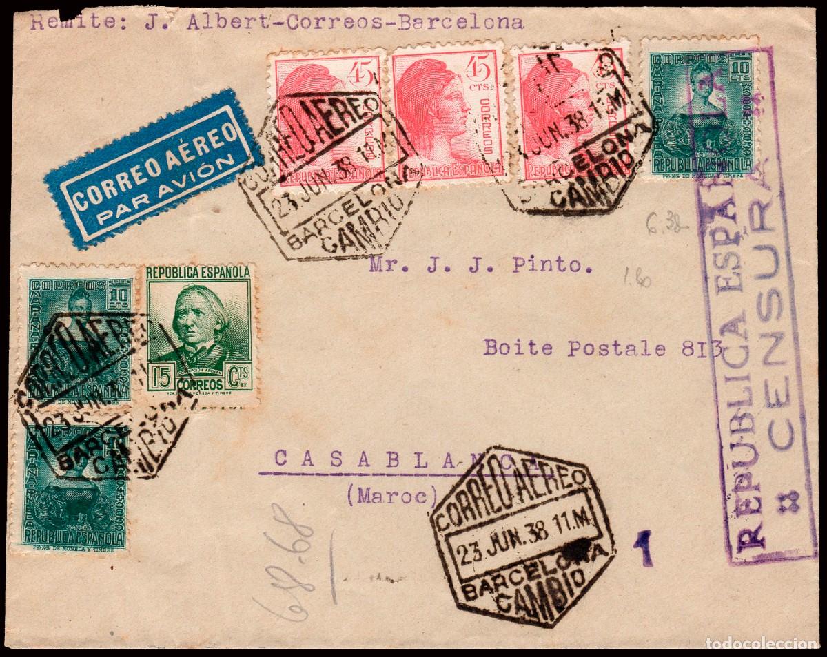 Sellos: Espa&ntilde;a - Edi o 752(3)+683+682(4) - Sobre Mat &rdquo;Correo a&eacute;reo 23/Jun./38 - Barcelona Cambio&rdquo;