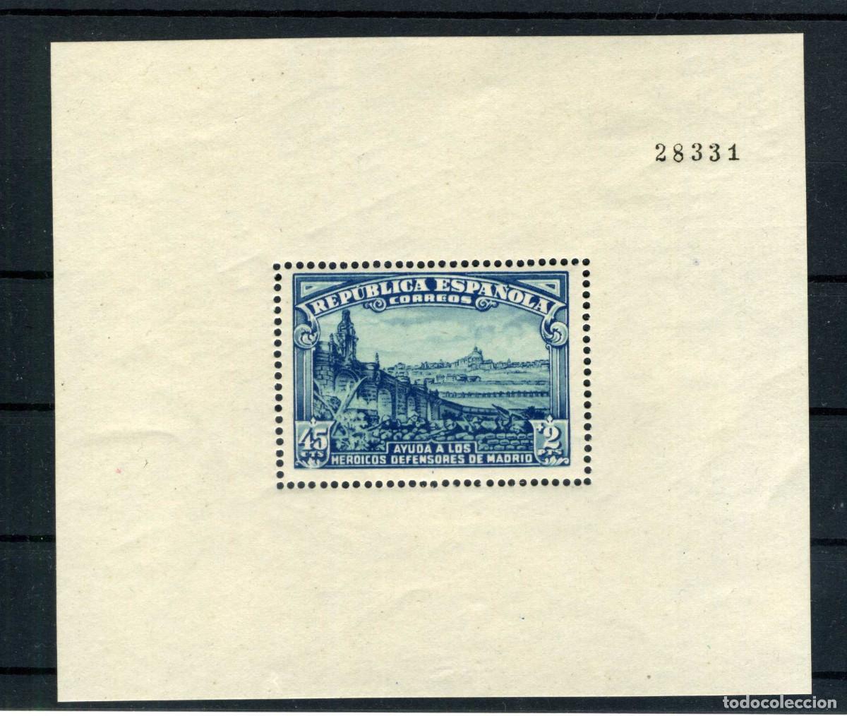 Sellos: XS- Rep&uacute;blica Defensa de Madrid 1938 45 Cts. + 2 Pts. HOJITA Edifil 758 Nueva MH*