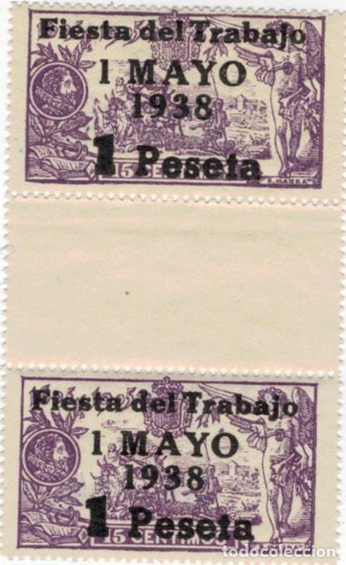 Sellos: FA5087. 1938, Fiesta del Trabajo, Tira de 3 espacios con 2 valores de 15 cts habilitados
