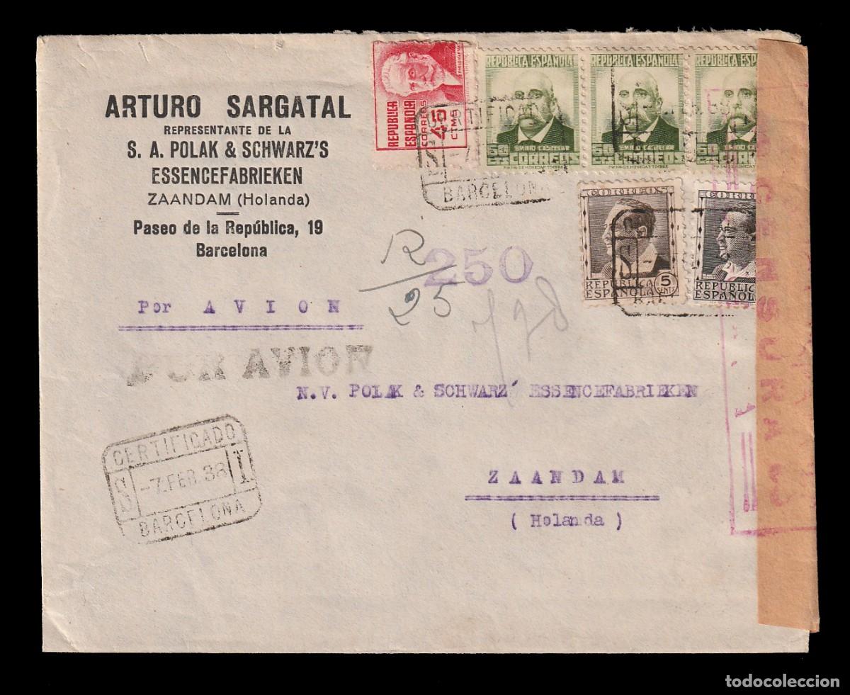 Sellos: *** BONITA CARTA CERTIFICADA BARCELONA-ZAANDAM (HOLANDA) 1938. EDIFIL 663, 672 Y 737 ***