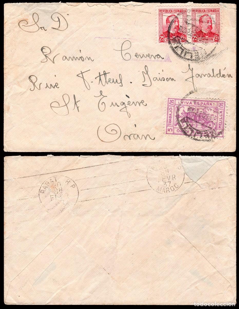 Sellos: Melilla - Edi o 685 Pareja+Local - Sobre Mat &rdquo;Melilla 15/02/37&rdquo; + tr&aacute;nsito Rabat a Or&aacute;n