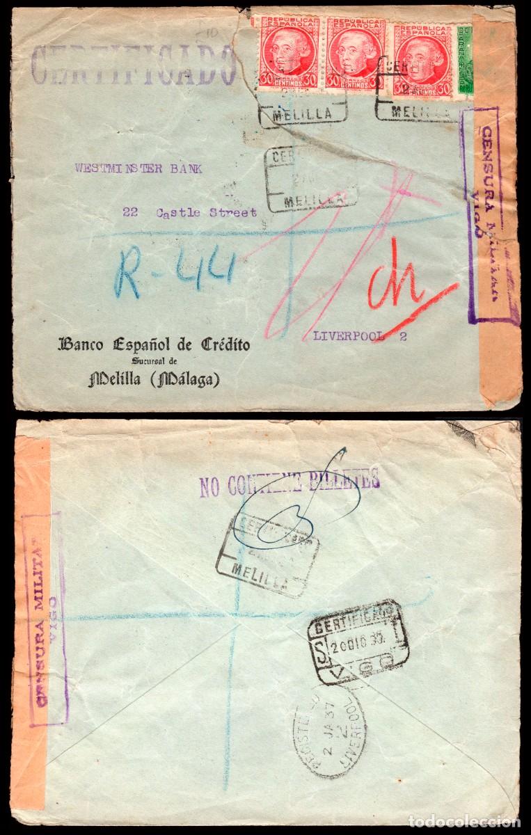 Sellos: Melilla - Edi o 687(3)+682 - Sobre Mat &rdquo;Certificado 2/Ag./36&rdquo; a Inglaterra + tr&aacute;nsito &rdquo;20/Dic./36&rdquo;