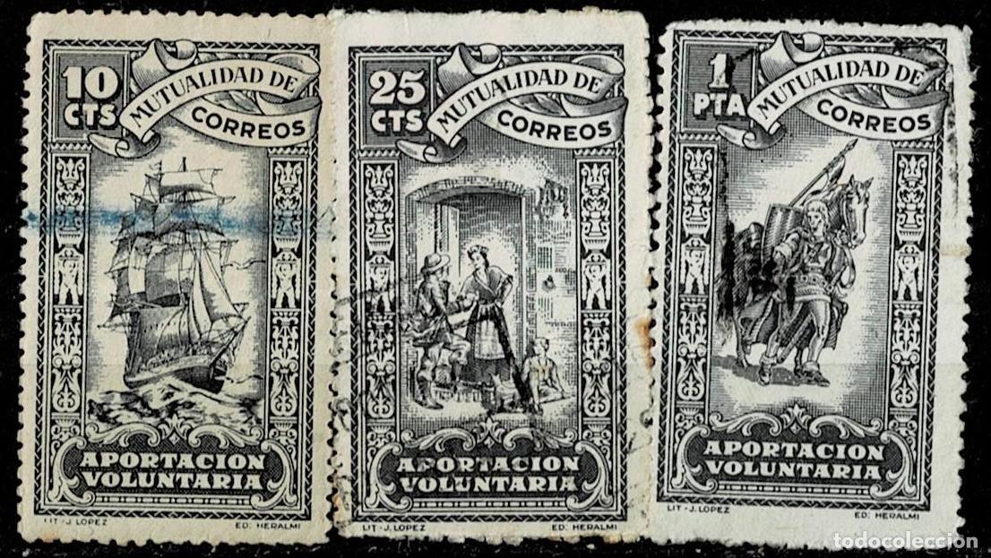 Sellos: B-MUTUALIDAD DE CORREOS Galvez n&ordm; 112-113-115 Valor 10 -25 cts y 1 pta ejemplares con Pie de imprent
