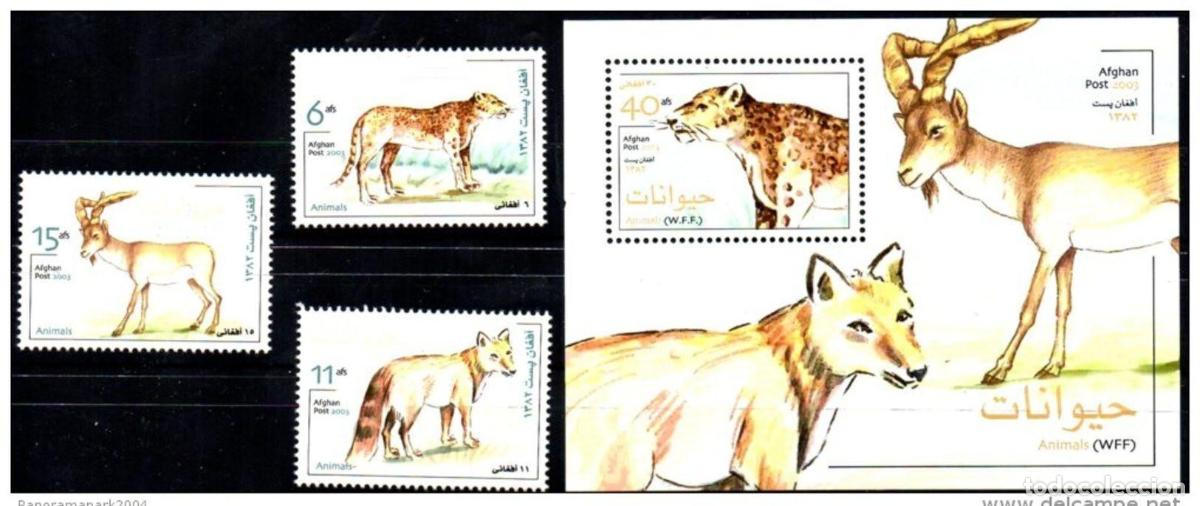 Sellos: Afghanistan 2003 Animals Fox Fuchs Leopard Panther 3 sellos 1 hoja
