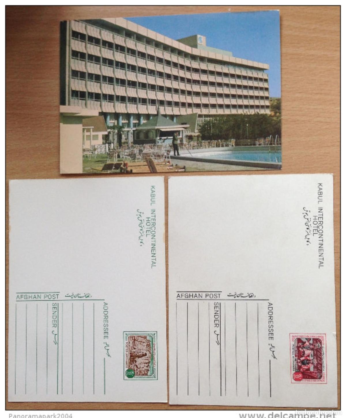 Sellos: Tarjeta postal afgana 2 tipos: papeler&iacute;a intercontinental hoteler&iacute;a turismo