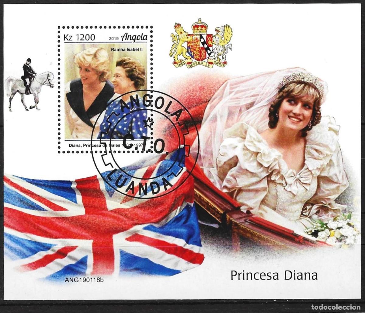 Sellos: Angola 2019 - Mi BL 183 - YT BF 195 - La princesa Diana con la reina Isabel II