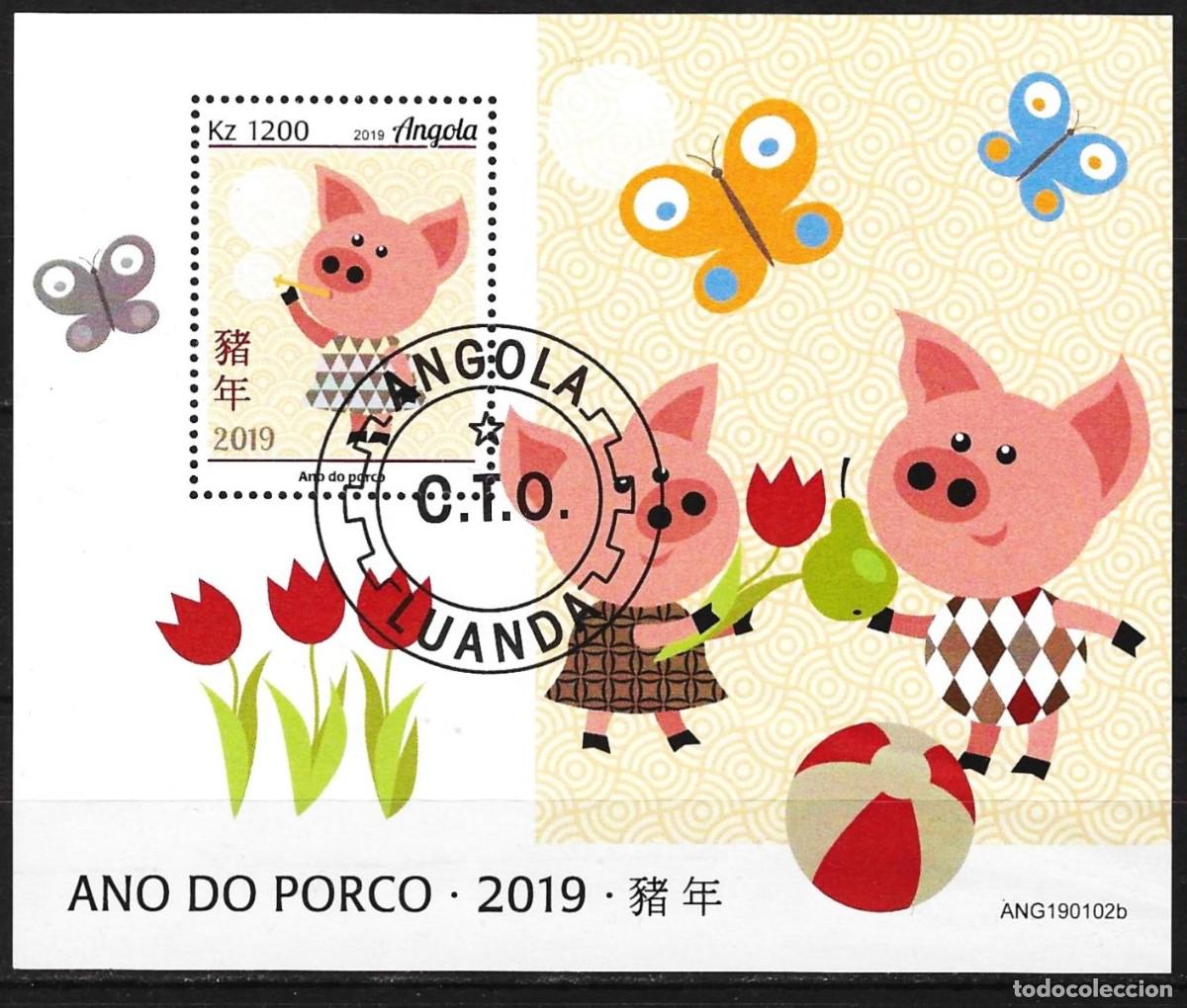 Sellos: Angola 2019 - Mi BL 204 - YT BF 179 - A&ntilde;o chino del Cerdo