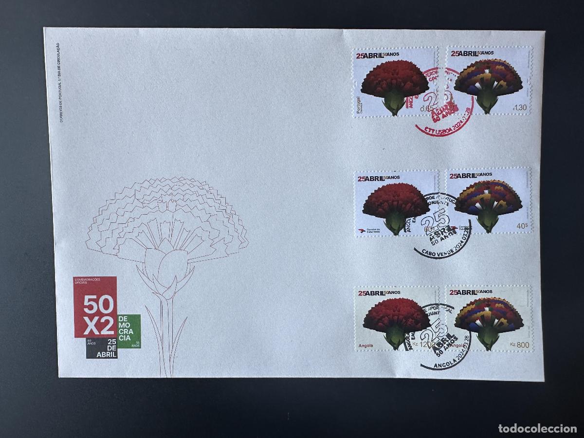 Stamps: Portugal Angola Cabo Verde 2024 FDC mixto 25 de abril emisi&oacute;n conjunta flor (II)