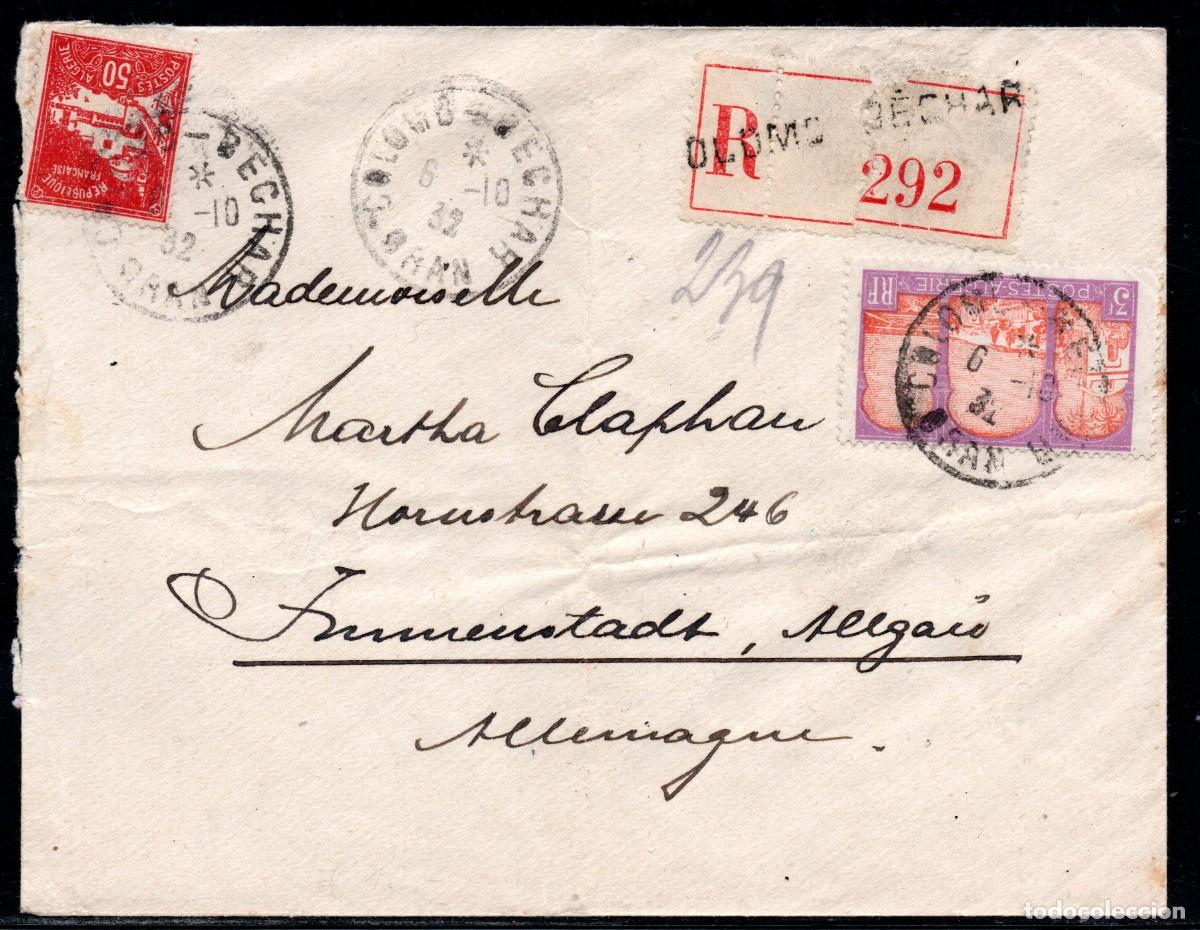 Sellos: ARGELIA 1932 SOBRE CERTIFICADO COLOMB-BECHAR A IMMENSTADT ALEMANIA
