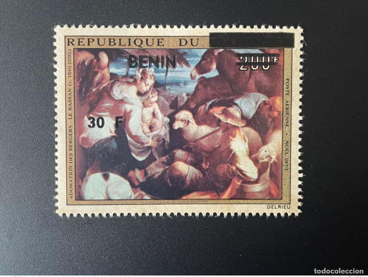 Timbres: Ben&iacute;n 1993 Mi. 560 Pintura sobrecargada de La adoraci&oacute;n los pastores El alcatraz Navidad 1973