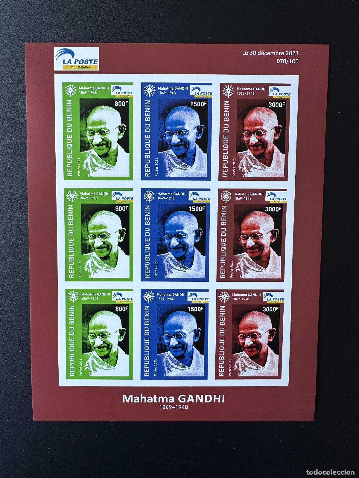 Sellos: Ben&iacute;n 2021 Mi. 1692 - 1694 ND M/S sheet Mohandas Mahatma Gandhi India