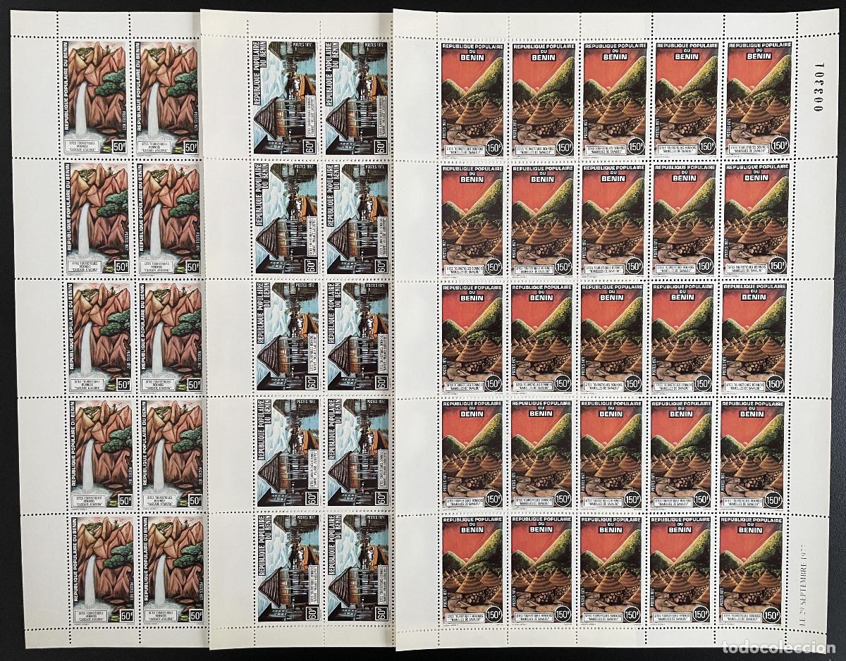 Sellos: Benin 1977 YT. 403-405 hoja sitios tur&iacute;sticos cascada pueblo barco