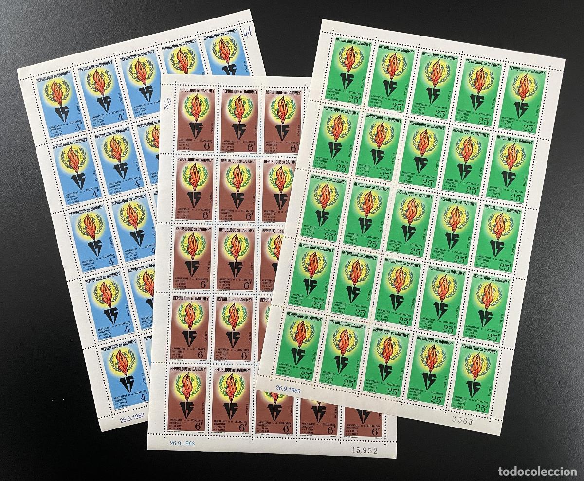 Stamps: Dahomey 1963 YT 202-204 tabl&oacute;n Derechos humanos Flame Laurel UN