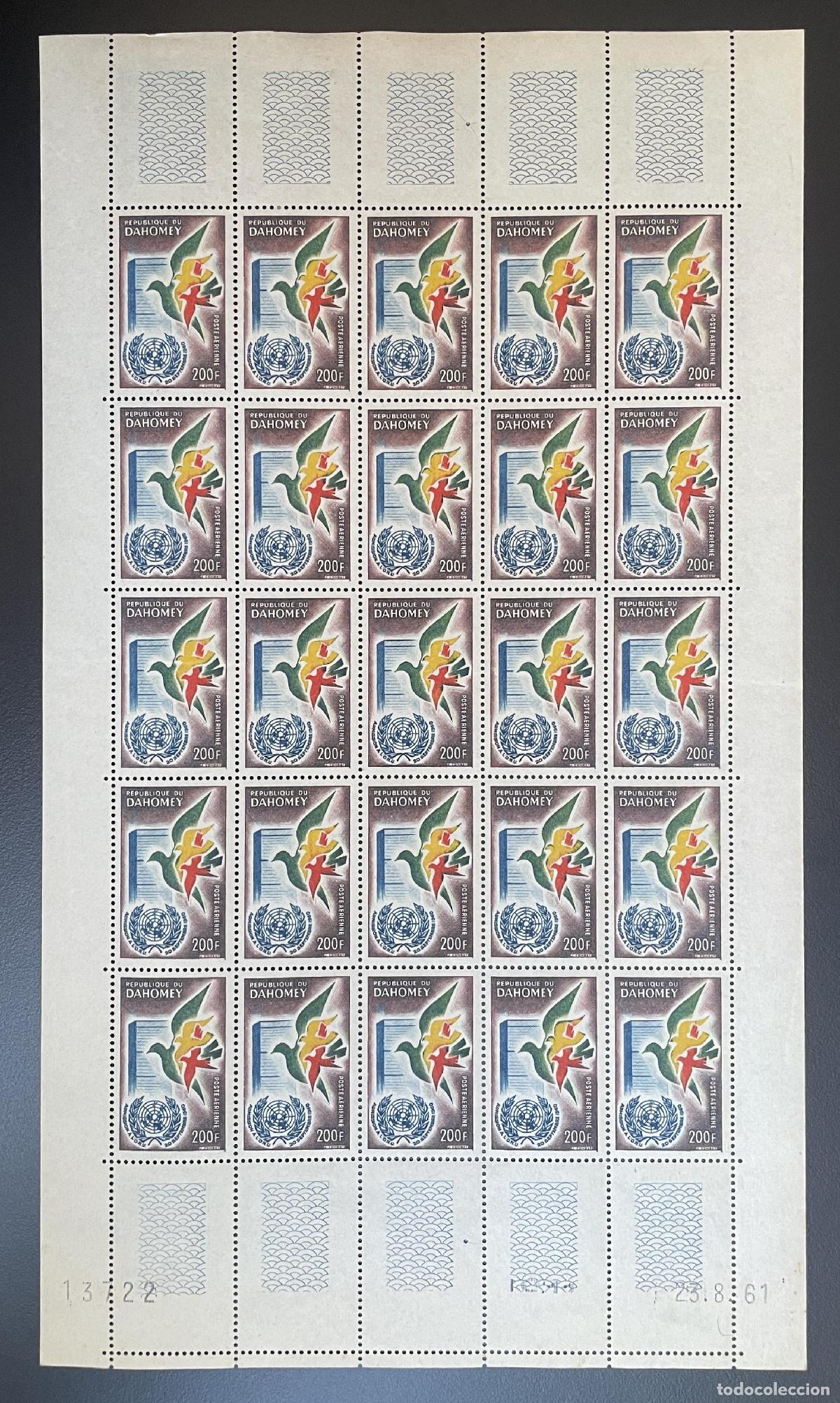 Selos: Dahomey 1961 YT PA 20 tabl&oacute;n ONU Naciones Unidas p&aacute;jaros paloma de la paz