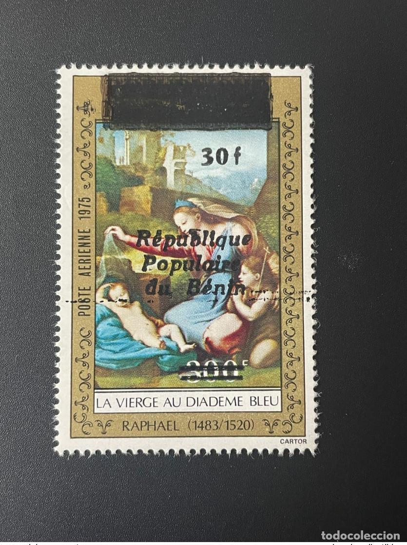 Sellos: Ben&iacute;n 1986 Mi. Mesa Raphael sobreimpresa de Madonna con diadema azul E447