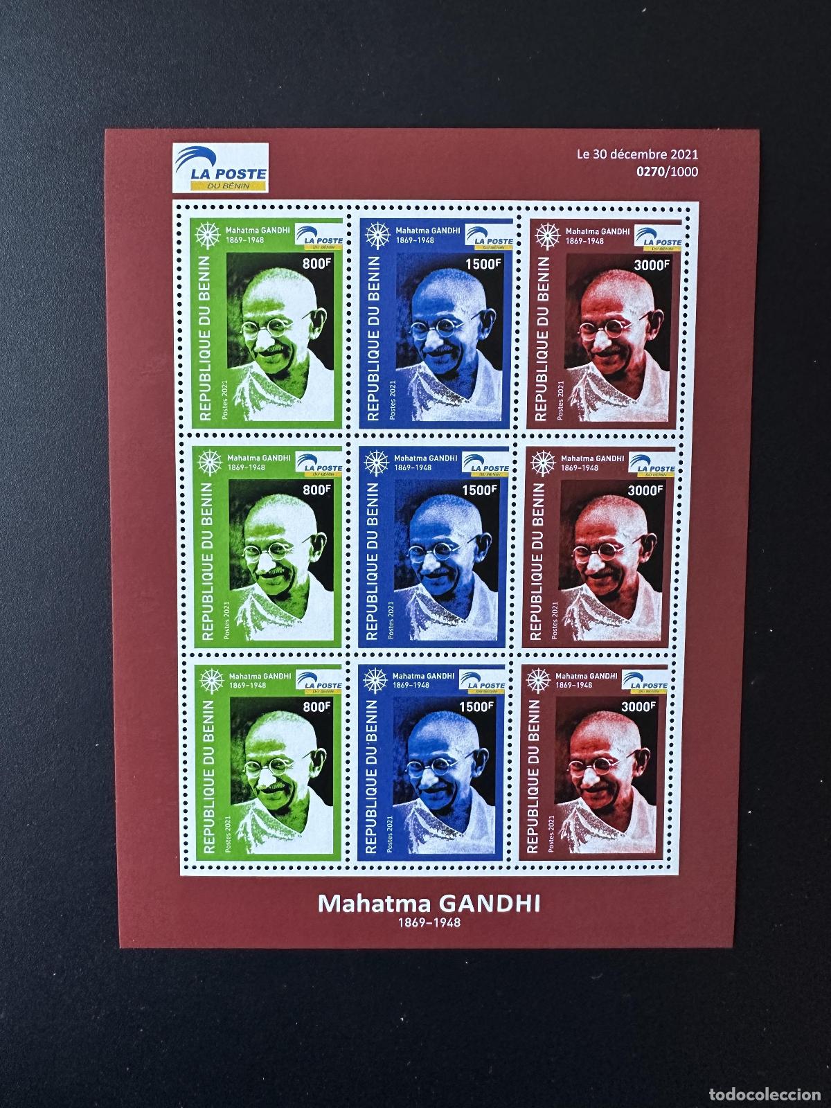 Sellos: Ben&iacute;n 2021 Mi. 1692 - 1694 M/S hoja Mohandas Mahatma Gandhi India