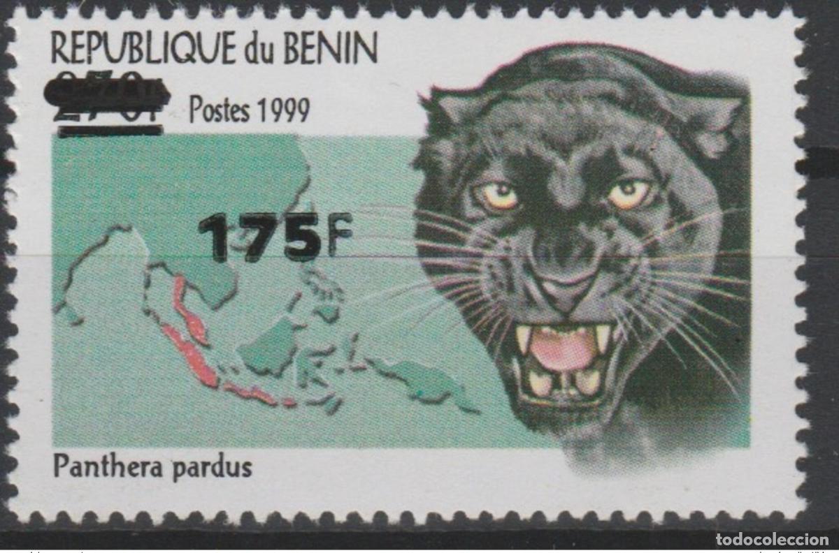 Sellos: Ben&iacute;n 2005 Mi. 1392 Panthera Pardus Wildlife Panther Mapa cartogr&aacute;fico sobrecargado MNH**