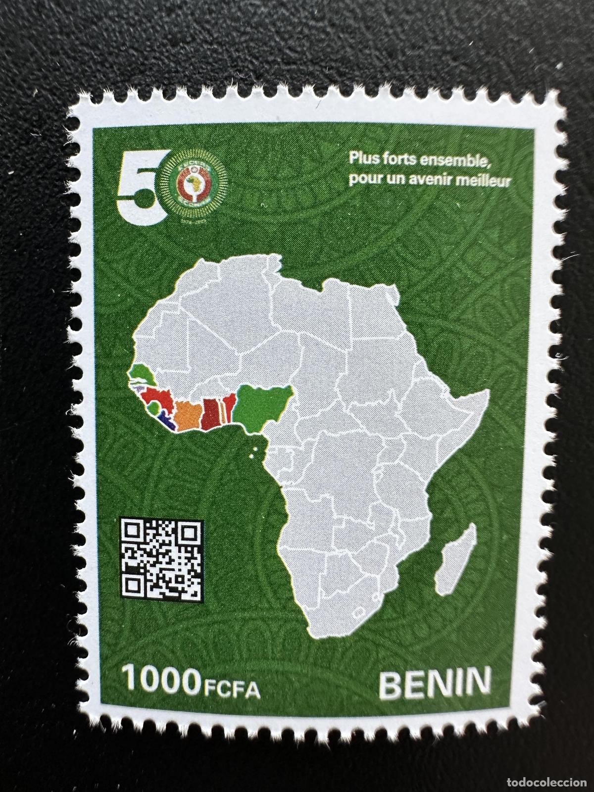 Sellos: Ben&iacute;n 2026 CEDEAO 50 a&ntilde;os mapa &Aacute;frica banderas pa&iacute;ses miembros aniversario