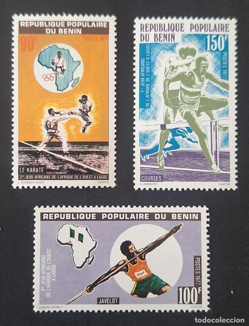 Timbres: Ben&iacute;n 1977 Mi. 100-102 Juegos Africanos Lagos karate jabalina carreras