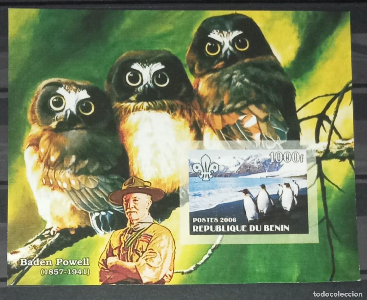 Sellos: BENIN 2006 SHEET MNH IMPERF BADEN POWELL SCOUTS AVES BIRDS PINGUINOS BUHOS OWLS PENGUINS HIBOUX